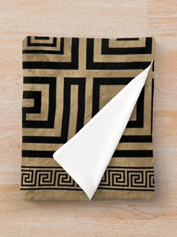 Греческий ключ орнамент-греческий меандер-черный на золотой плед одеяло одеяла