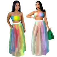 skmy party outfits for women printed strapless crop tops see through colorful mesh skirt two piece set 2022 summer beach wear