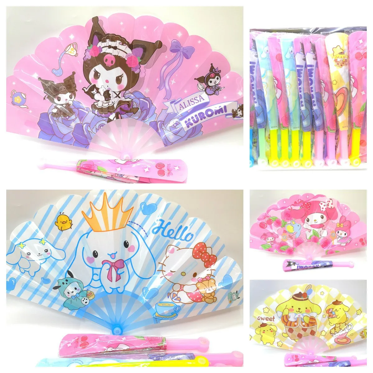 

50pcs Sanrio Kuromi My Melody Cinnamoroll Seven Fold Fan Anime Cartoon Pom Pom Purin Portable Summer Folding Fan Gifts Wholesale