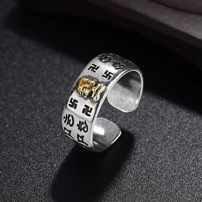 

New 2023 Vintage Six Word Truth Ring Unisex Silver Color Open Ring Dominant Buddhist Ring Banquet Jewelry Accessories Gift