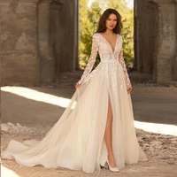 a line v neck tulle wedding dresses gorgeous lace appliques long sleeves bridal gown sexy open back sweep train custom made