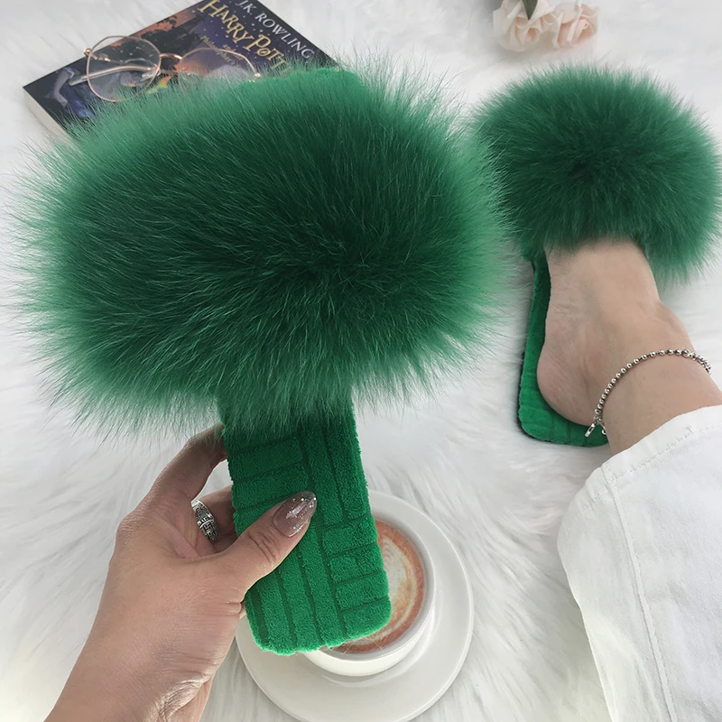Women Summer Cotton Fabric Slippers Real Fur Slides Luxury Woman Fluffy Sandals Ladies Furry Flip Flops 2022 Woman Shoes House