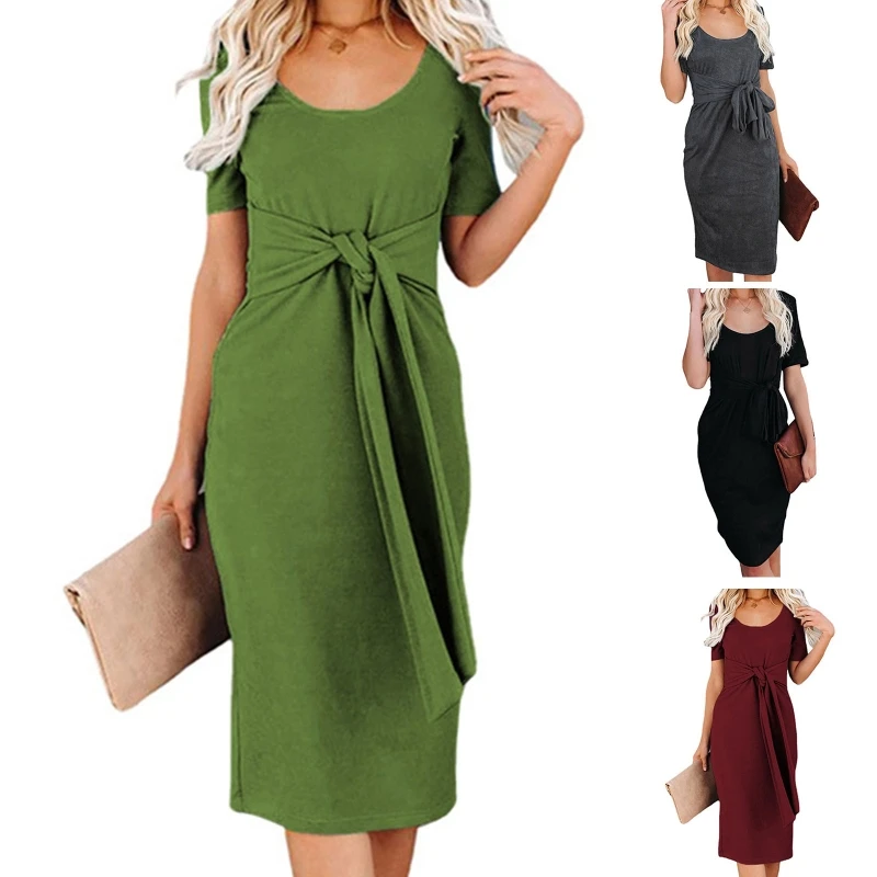 

Женское облегающее платье средней длины с коротким рукавом и глубоким вырезом, простое однотонное офисное Повседневное платье с разрезом на талии, модель 10CD на лето