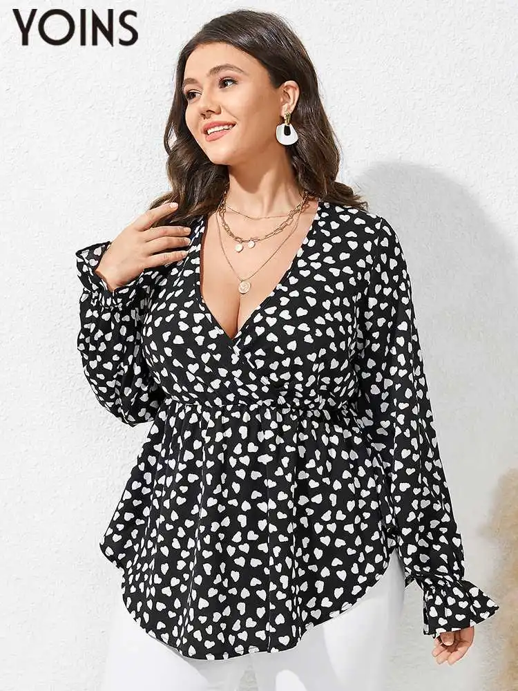 

YOINS Plus Size Women Tunic Tops Vintage Heart Printed Blouses 2023 Autumn Fashion Sexy V Neck Pleated Party Long Sleeve Shirts