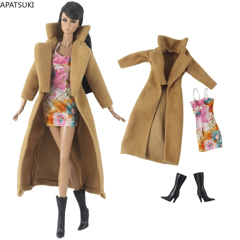 

Winter Super Long Khaki Coat & Floral Dress Fashion Clothes For Barbie Doll Parka Boots For 1/6 Dolls Accessories Set