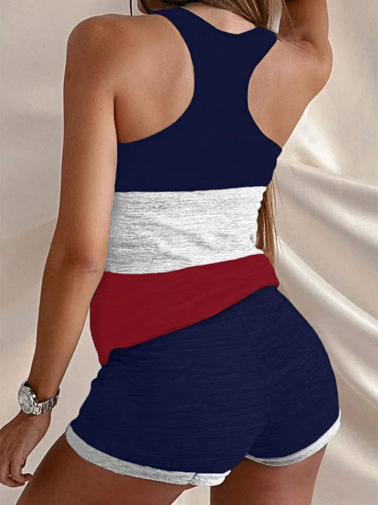 Ladies Sexy 2Piece Flag Color Block Tank And Short Pajamas Set Shorts Set Pijama Suit Sleepwear for Women Sexy Nighties Homewear