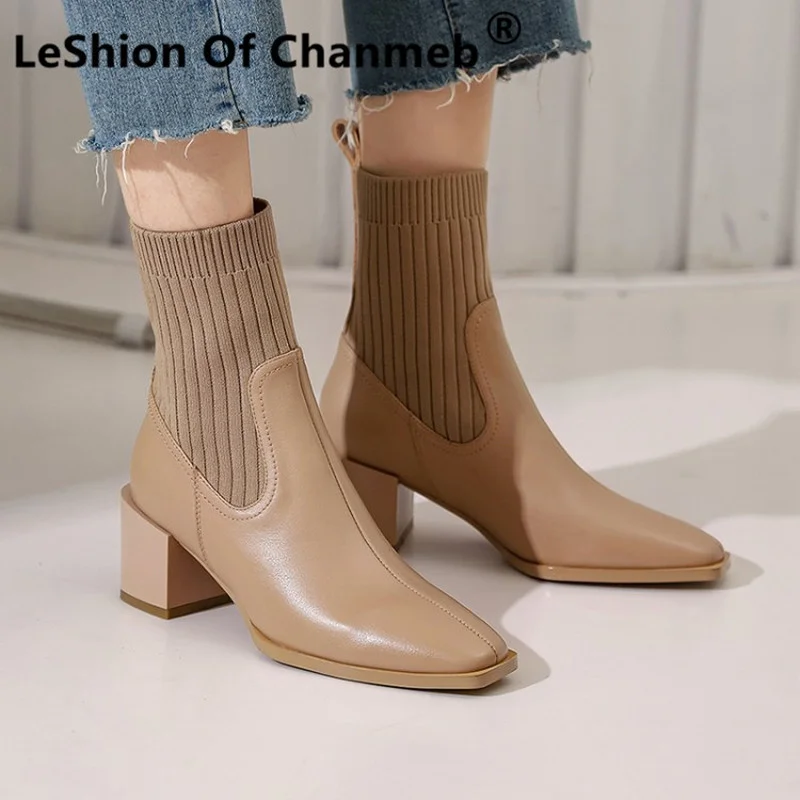 

LeShion Of Chanmeb Women Real Cow Leather Boots Nude Black Stretch Knitting Sock Ankle Boots Slip-on Autumn Winter Warm Shoes 42