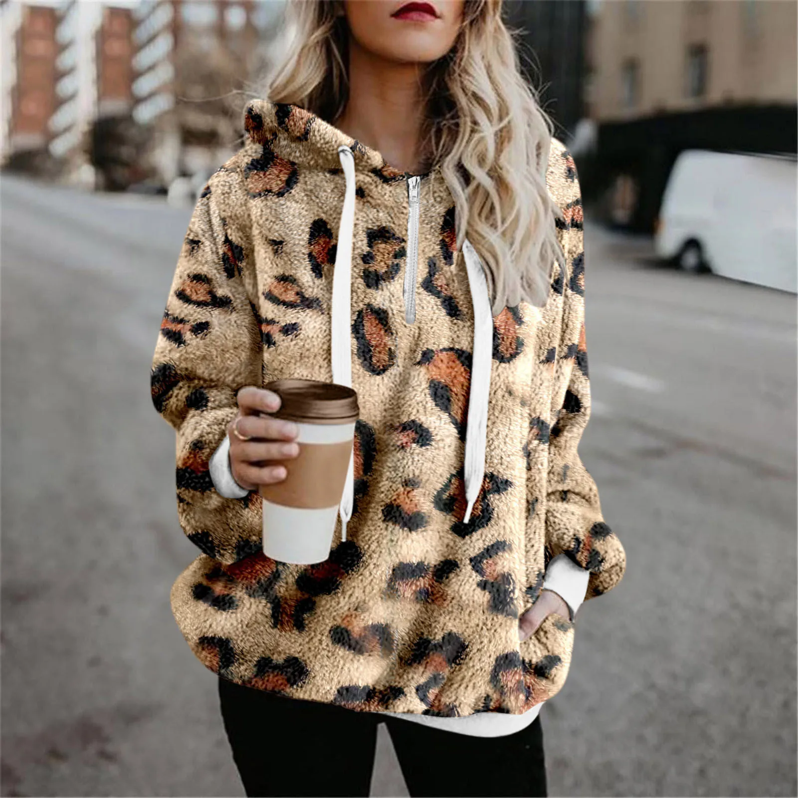 Loose Sweatshirt For Women Leopard Print Casual Hoodies Long Sleeve Loose Pullover Fuzzy Zip Up Hooded Sweatshirt With Pockets