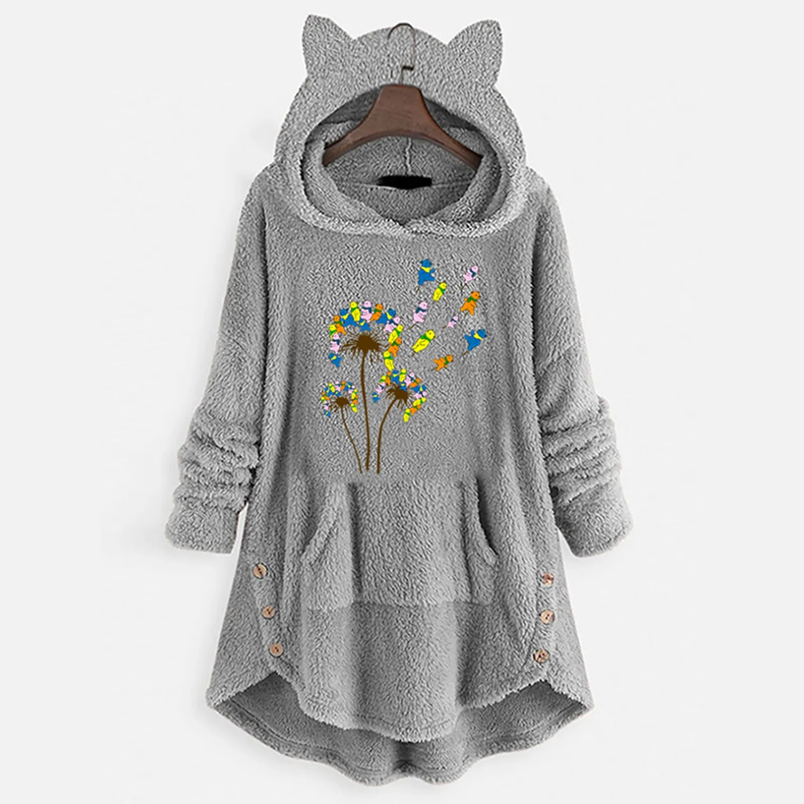 

Sleeve Women'S Pockets With Button Hoodie Cat Fleece Long Cute Pullover Top Printed Warm Hoodies Women Womens Thick Hoodie