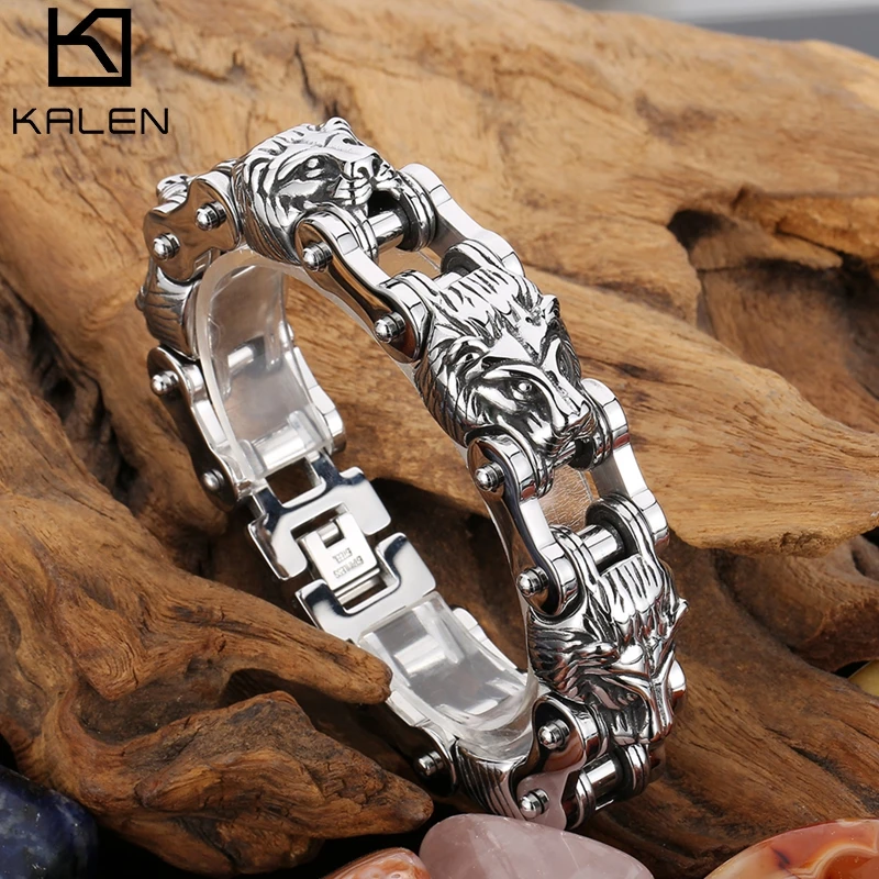 

Punk Domineering Lion Head Bracelet Men Stainless Steel Silver Color Franco Link Chain Biker Bracelet Men Never Fade Jewelry