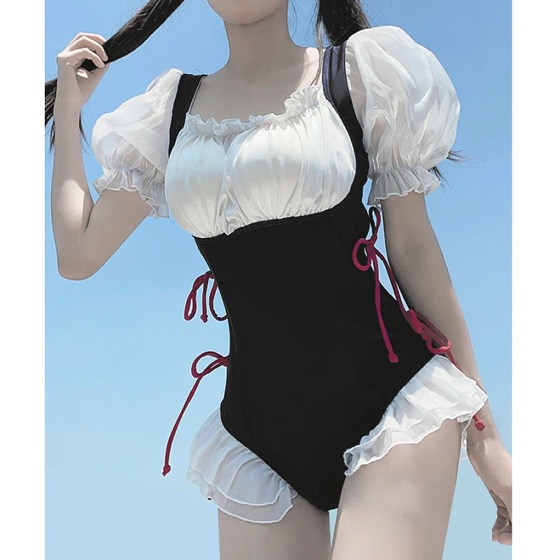 

2023 японская Милая фотосессия, новый консервативный цельный женский купальник горячей весны, праздничная пляжная одежда, купальник с защитой от солнца