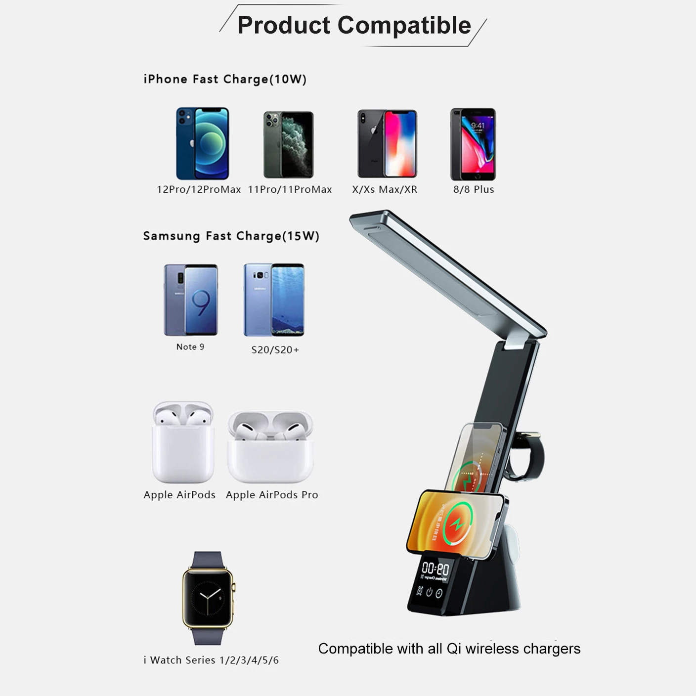 creative 5 in 1 led table lamp 15w qi wireless charging for qi phone holder led desk lamp with alarm clock bedroom night light free global shipping