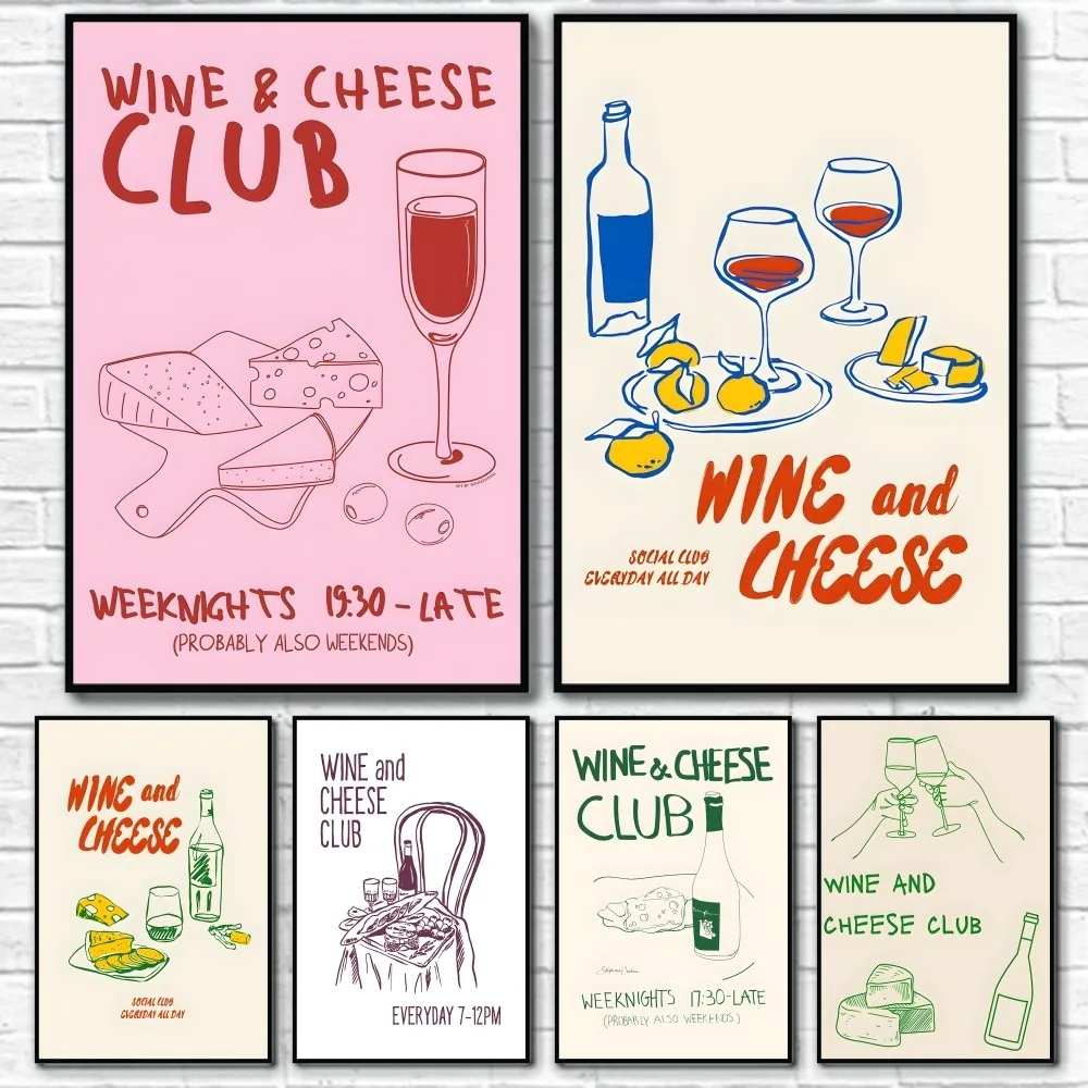 Wine And Cheese Club Art Print Simple Poster Sticky Wall Printing Waterproof Home Living Bed Room Bar Aesthetic Decor