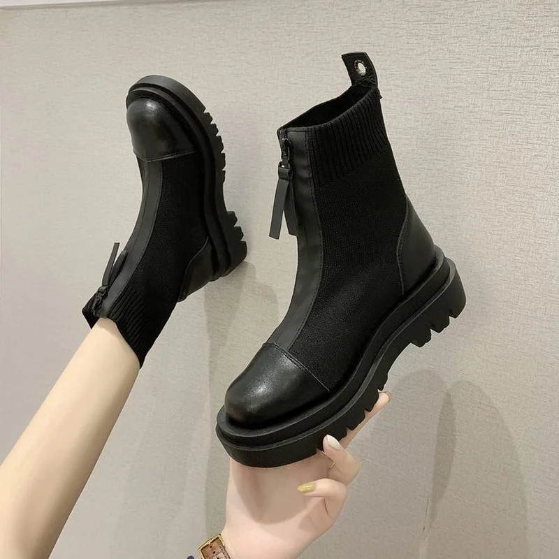 

Thick Soled Elastic Socks Boots Women 2022 New Autumn Front Zipantiskid Shoes Lady Fashion Comfortable Casual Daily Ankle Boots