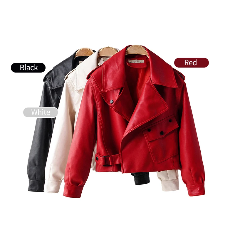 Women's Casual Black PU Leather Jacket Women's Lapel Pocket Short Wash Faux Leather Jacket Zipper Motorcycle Leather Jacket Red