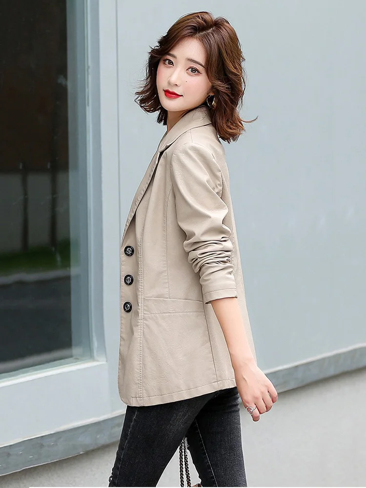 New Women Chic Office Lady Single Breasted Blazer Sheep Leather Vintage Coat 2022 Fashion Notched Collar Ladies Stylish Tops