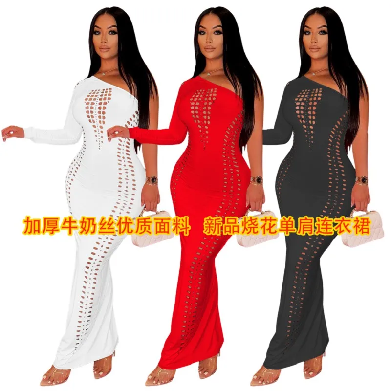 

Summer Women Beach Outings 2023 Vacation Outfits For Wear New One Shoulder Long Sleeve Burnt Flower Hollow Sexy Nightclub Midi