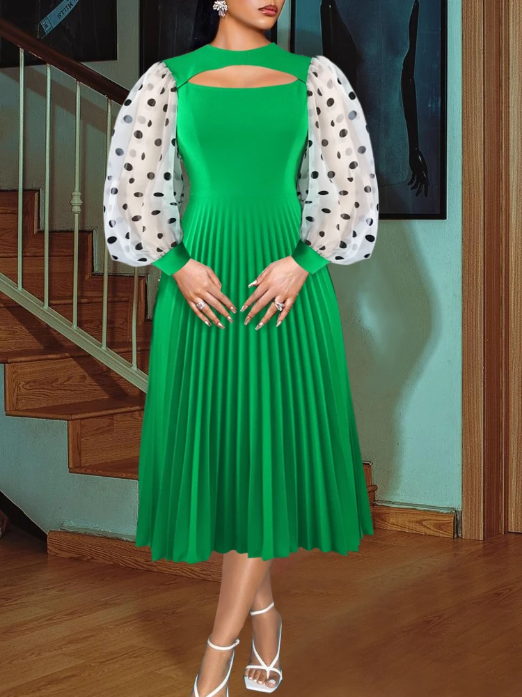 

Women's Summer Dress Green Pleated Mid-calf Elegant Gauze Patchwork Polka Dot Long Sleeve Cut Out Casual Womens Dresses 4XL