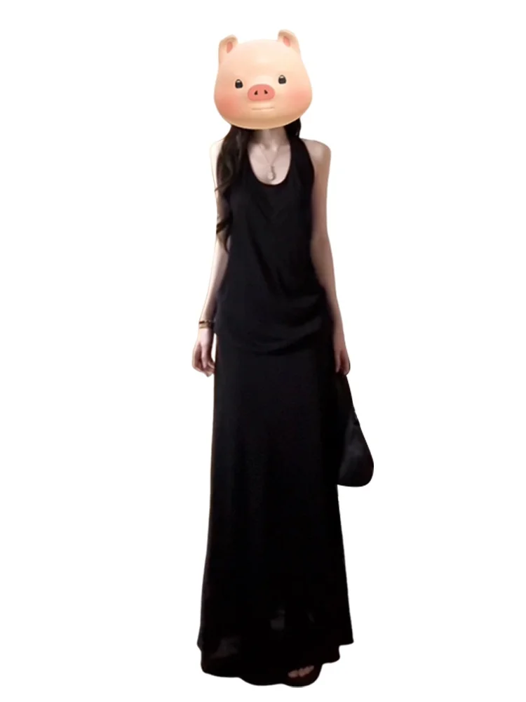 Черное висящее платье без рукавов с вырезом женское лето 2025 новый комплект