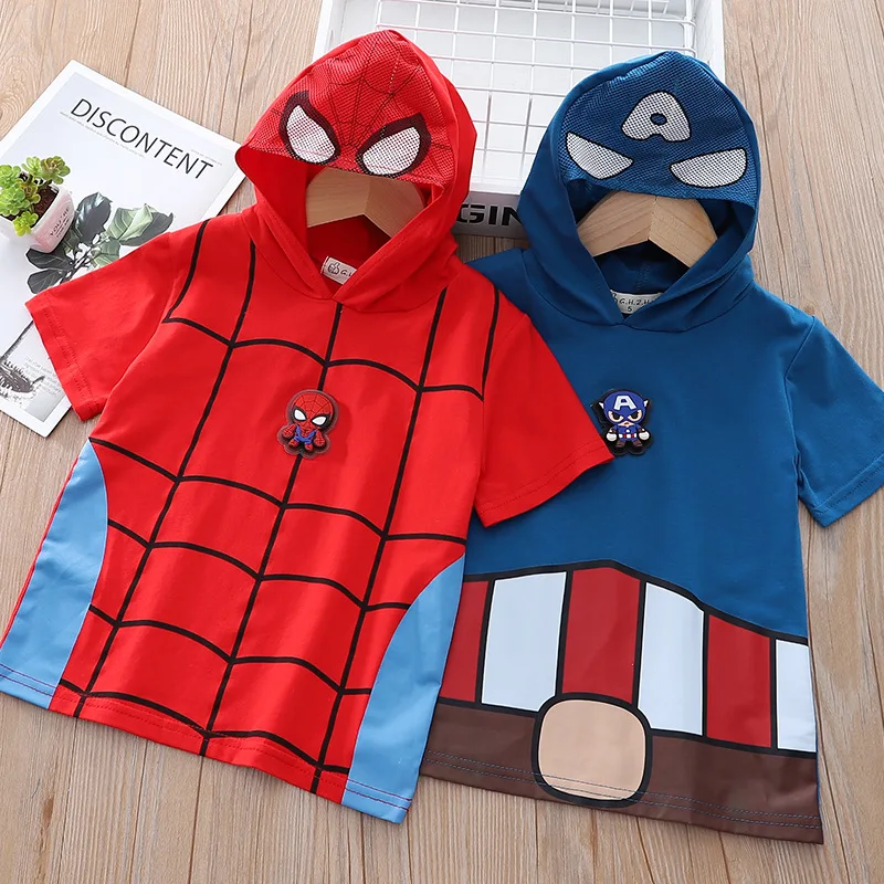 

Baby Boys Hooded Short Sleeve T Shirts Summer Fashion Cartoon Captain America Spider-man Casual Toddler Kids Girls Clothing Sets
