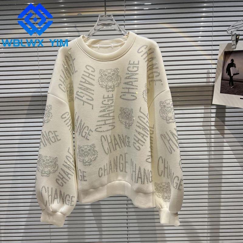 

2022 New Spring Autumn Hoodies Women Fashion Diamonds Sweatshirt Pocket Letter Print Pullovers Female O-Neck Loose Sweatshirts