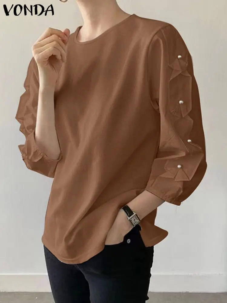 

VONDA женские летние блузки с жемчугом в стиле пэчворк 2023 модные рубашки с рукавом 3/4 Повседневная однотонная Туника женские топы