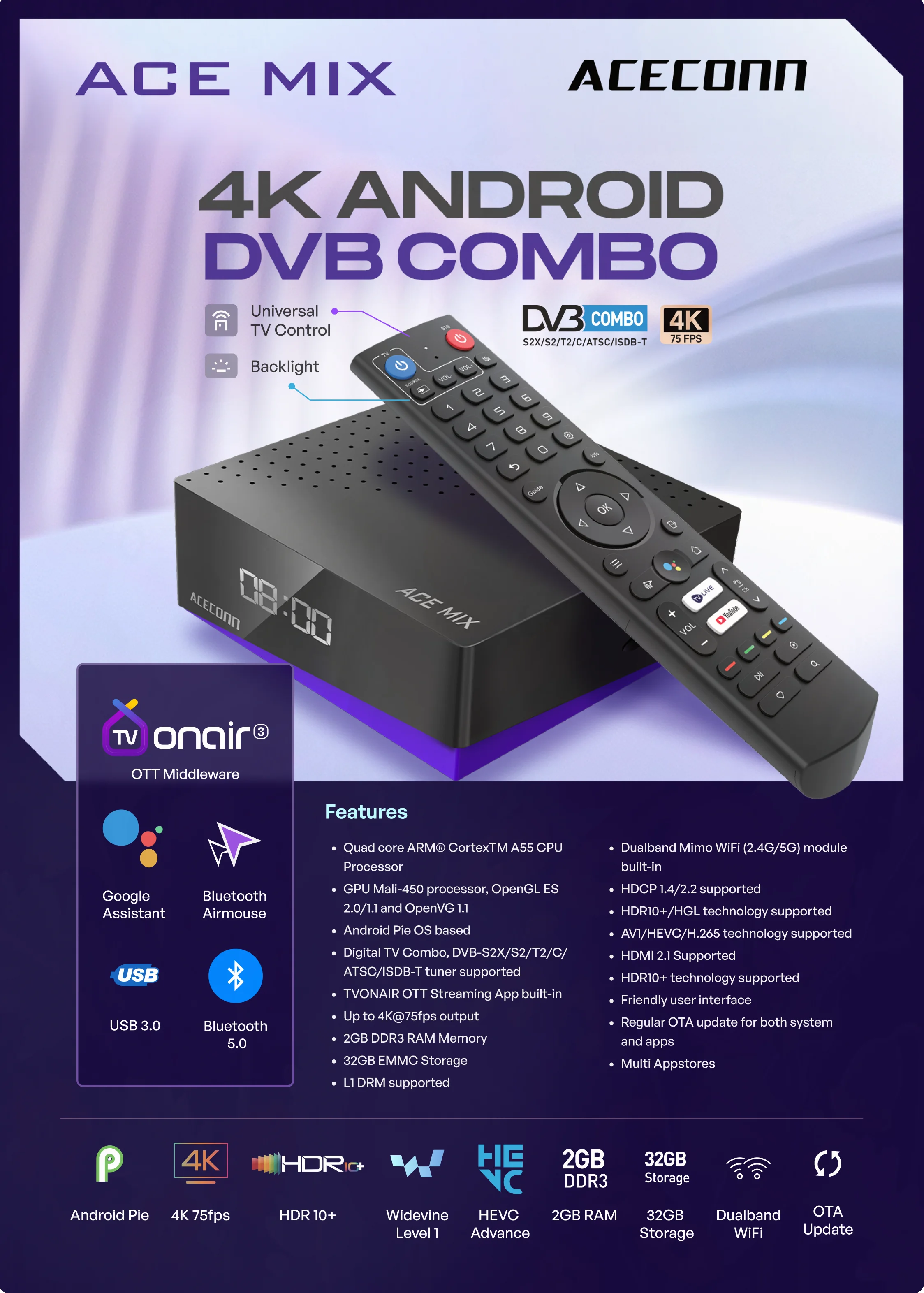 Фото ACECONN ACEMIX TV BOX Android DVB-S2/T2/C TVONAIR3 Легко добавить IPTV Abonment Box Спутниковый ресивер 2 ГБ 32 ГБ Телеприставка №4