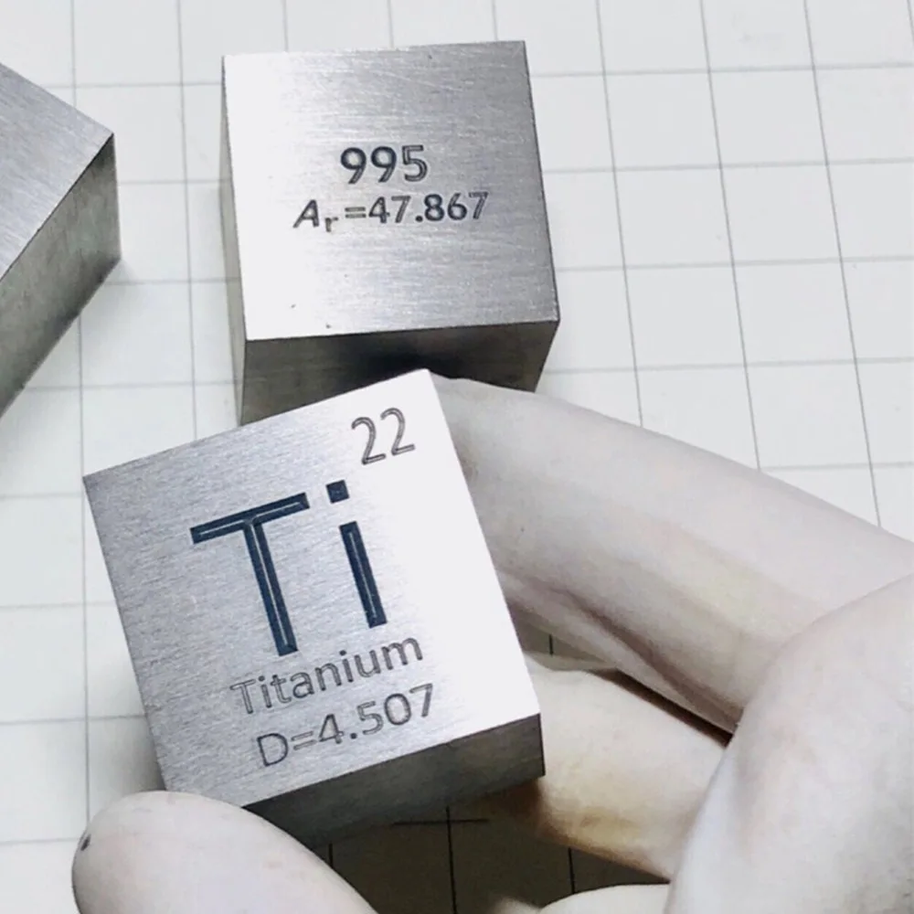 

Titanium metal in the periodic table- Cube one inches and weight is about 73.76g --99.5%