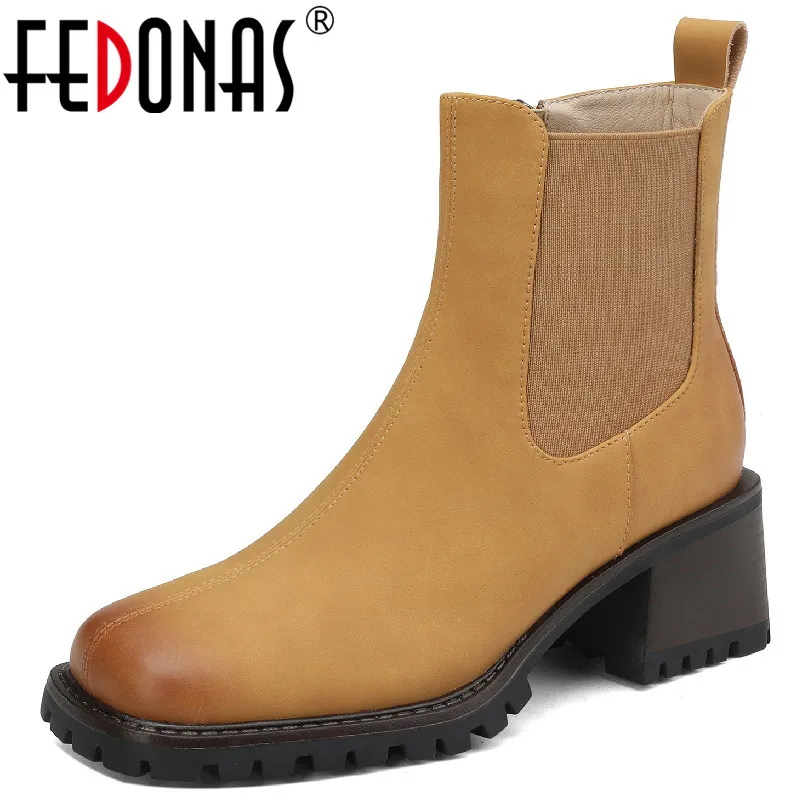 

FEDONAS 2022 Classic Women Ankle Boots Autumn Winter Female Working Casual Thick Heels Square Toe Genuine Leather Shoes Woman