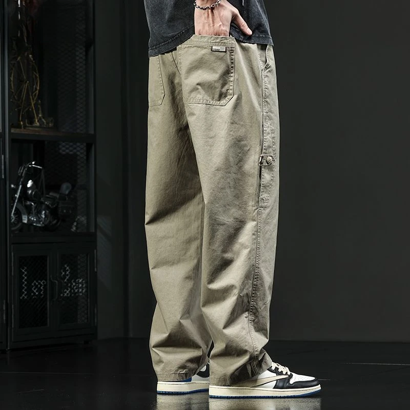 

Spring Atutumn Cargo Pants Men's Trendy Outdoor Wide Leg Banded Pant Loose Elastic Waist Overalls Daliy Casual Trousers D128