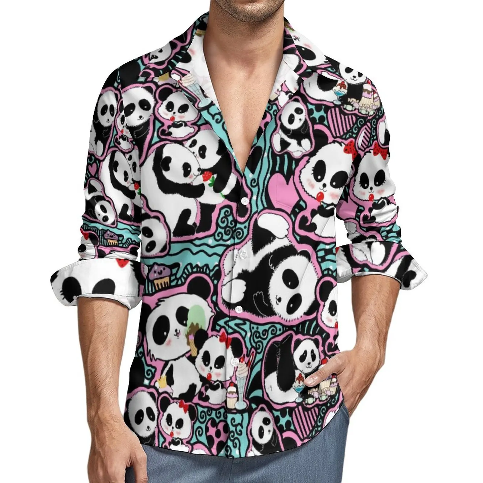 

Kawaii Panda Bear Shirt Spring Animal Print Casual Shirts Male Trending Blouses Long Sleeve Custom Aesthetic Clothes Plus Size