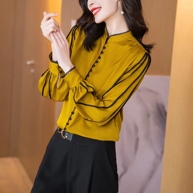 Solid color silk shirt women's long-sleeved spring 2022 new design satin imitation  silk top  ladies tops  blouses