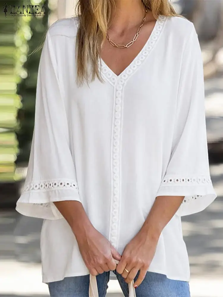 

ZANZEA Oversized V Neck Shirt 2023 Summer Hollou Out 3/4 Sleeve Vintage Blouse Women Solid Lace Trim Casual Loose Tunic Tops