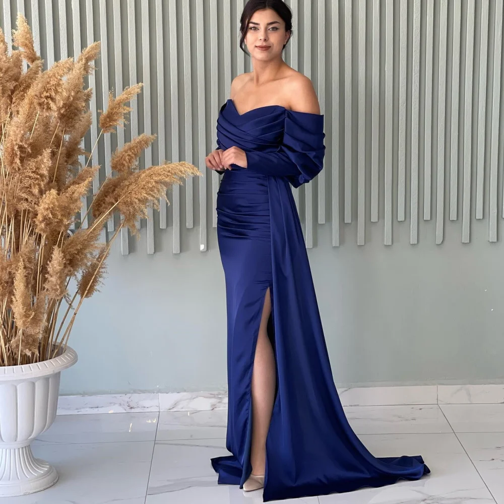

Off Shoulder Puffy Sleeve Satin High Split Ruched Pleated Backless Mermaid Evening Formal Occasion Dresses Party Women Gown 2023