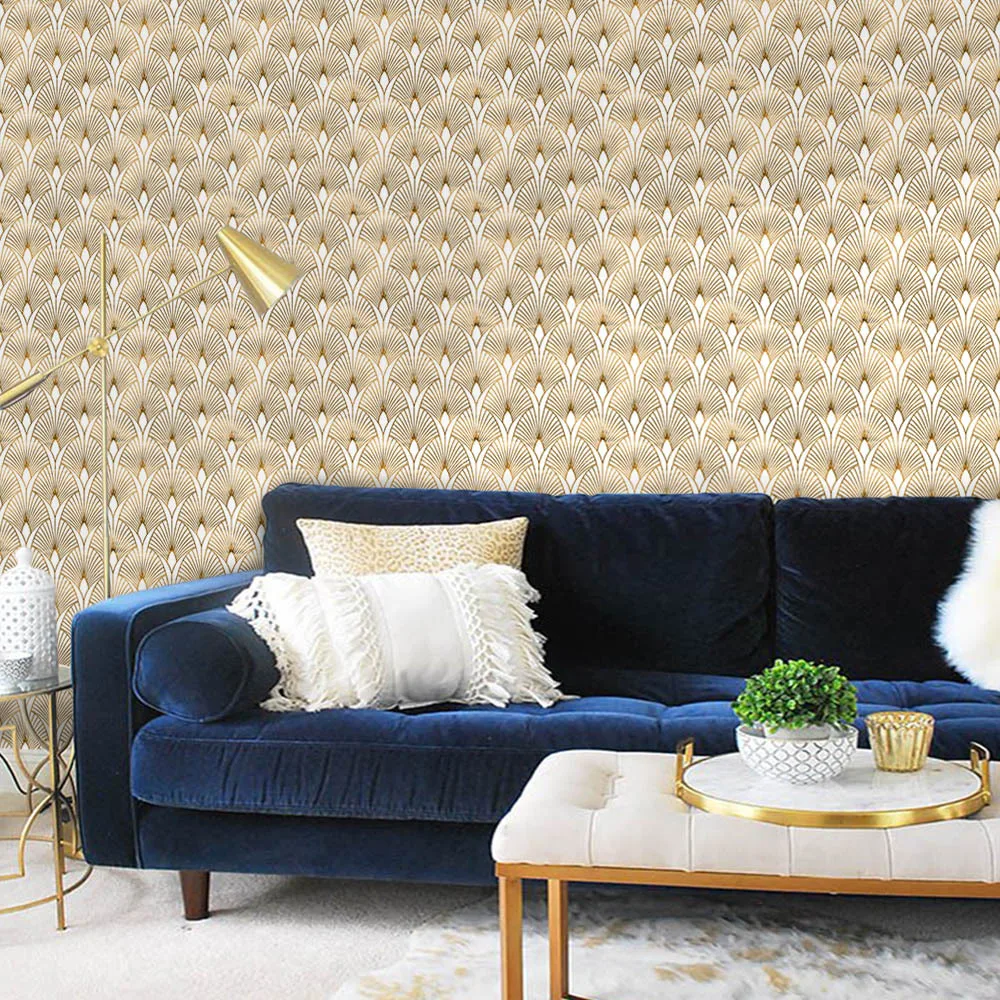 

Gold Peacock Feather Wallpaper Self-Adhesive Peel and Stick Vinyl Film Spliceable Bedroom Living Room Closet Furniture Sticker