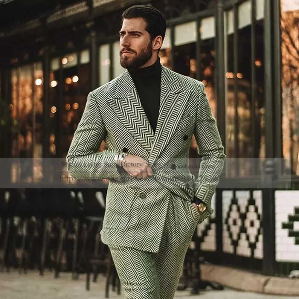 

Single Breasted Peak Lapel Men Blazer Tweed Dark Grey 2 Piece Wool Polyester Blend Winter Wear Tuxedo Wedding Suits Coat Pants