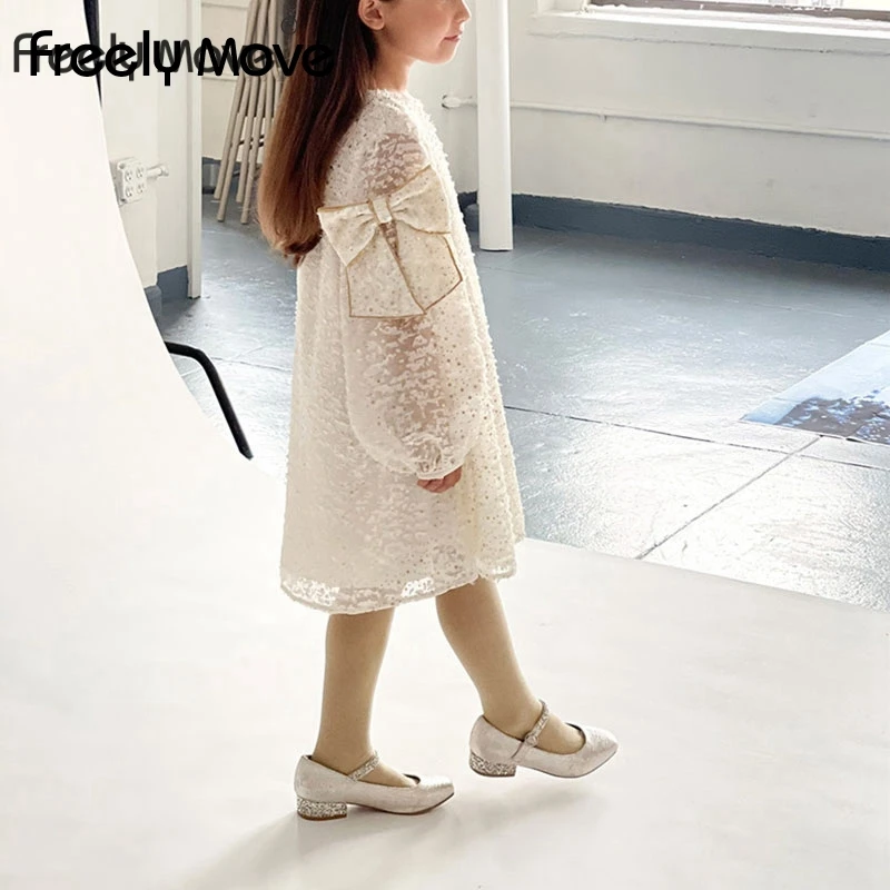 

Freely Move Dress for Girls 2022 O Neck Puff Long Sleeve Mid Calf Straight Grace Print Star Bow Dress Girl Kids Vestidos