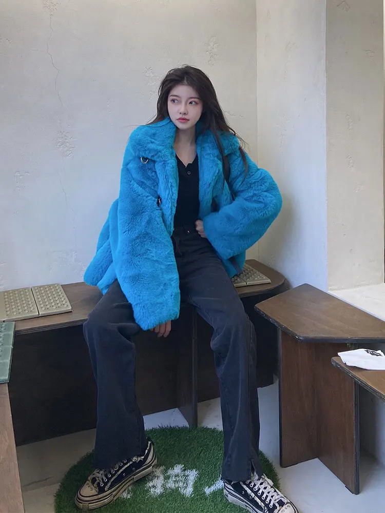 Young Style Streetwear Women Fluffy Overcoat 2022 New Autumn Winter Thicken Faux Rabbit Hair Fur Jacket Coat Blue Three Buttons