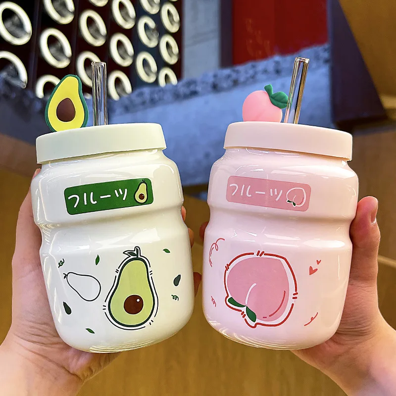 

New High Quality 500ml Cartoon Mug Girls Cute Fruit Straw Mug With Lid Student Ceramic Gift Mug Suitable For Kids Birthday Gift