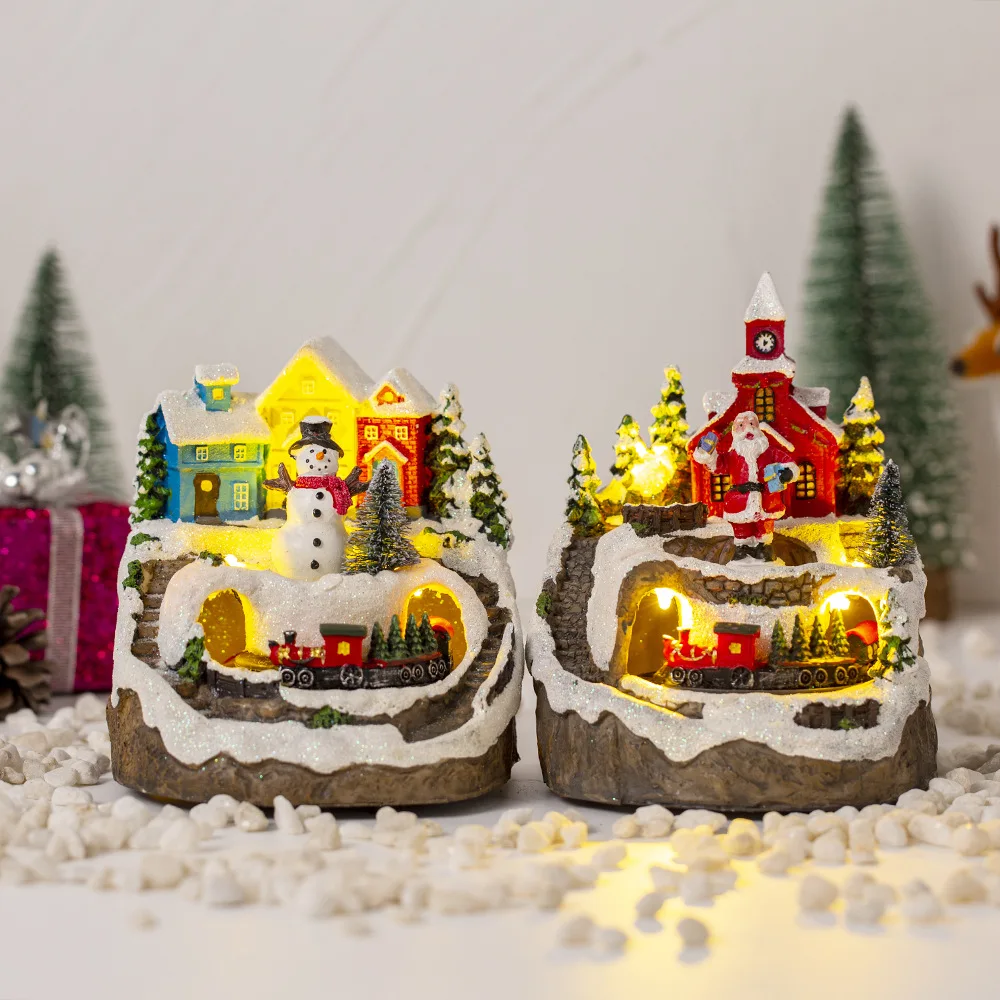 

New Navidad Village House Figurines Christmas Rotating Train Display Led Luminous Resin Music Landscape Indoor House Decoration