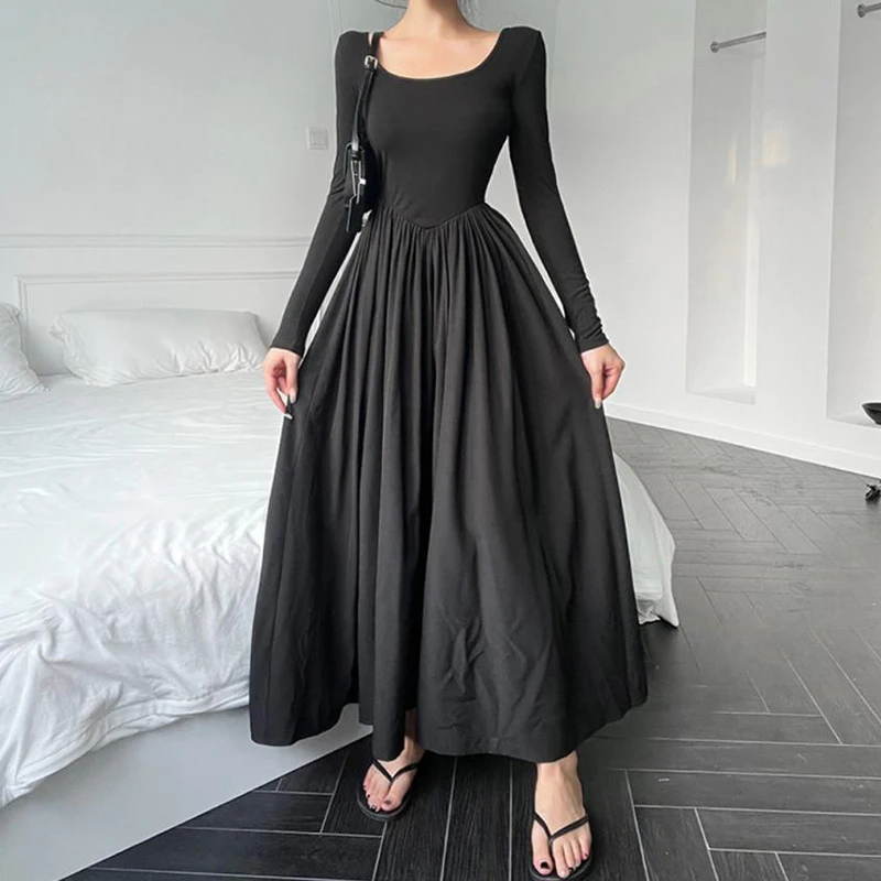 

Zoki Hepburn Style Fashion Elegant Women A Line Dress Summer Elastic Slim Long Sleeve Midi Dress High Waist O Neck Pleated Dress