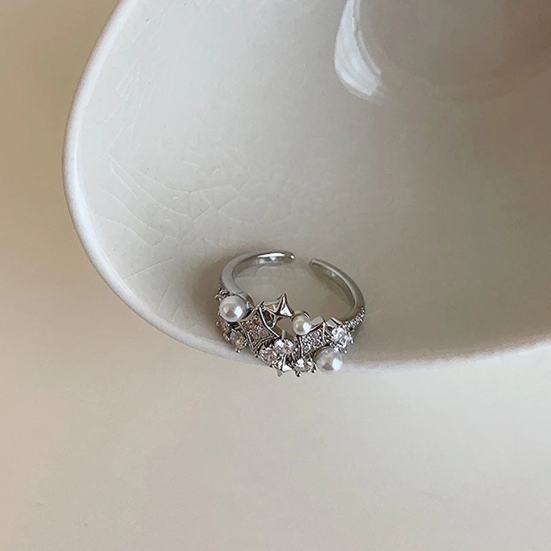 2023 трендовые серебряные кольца с четырьмя острыми звездами для женщин, простые регулируемые кольца на палец с цирконием и жемчугом, ювелирные изделия