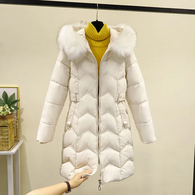 

Пуховик женский из хлопка, облегающая куртка средней длины в Корейском стиле, стеганая куртка с большим меховым воротником, плотный кардиган для женщин, зима 2022