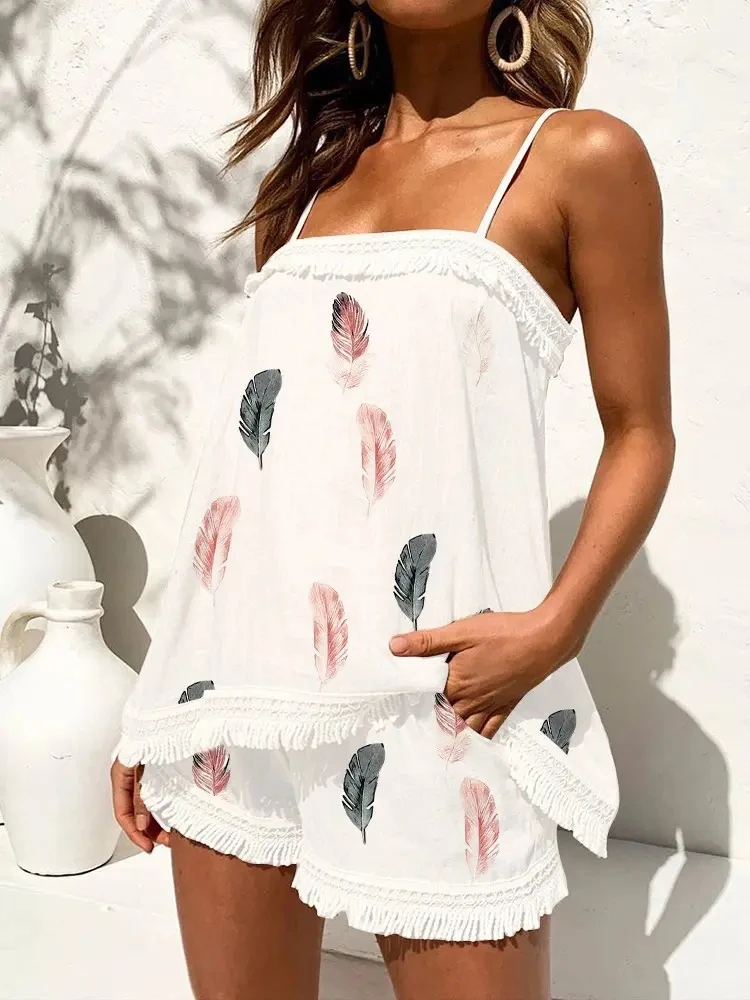 

Женский летний элегантный комплект Mandylandy Y2K, кружевная Лоскутная рубашка с принтом перьев + свободные шорты, комплект из двух предметов, ули...