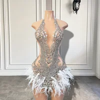 Gorgeous Halter Sleeveless Luxury Beaded Silver Crystals White Feather African Women Cocktail Dresses 2022 Birthday Party Gowns