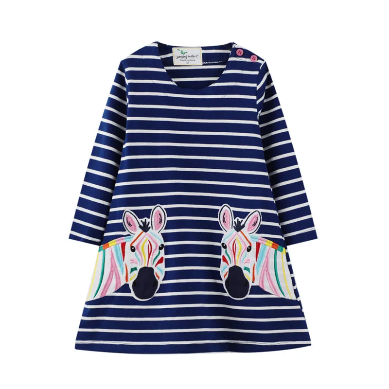 

Jumping Meters Princess Girls Dresses Animals Embroidery Autumn Spring Toddler Kids Clothing Stripe Baby Frocks Costume
