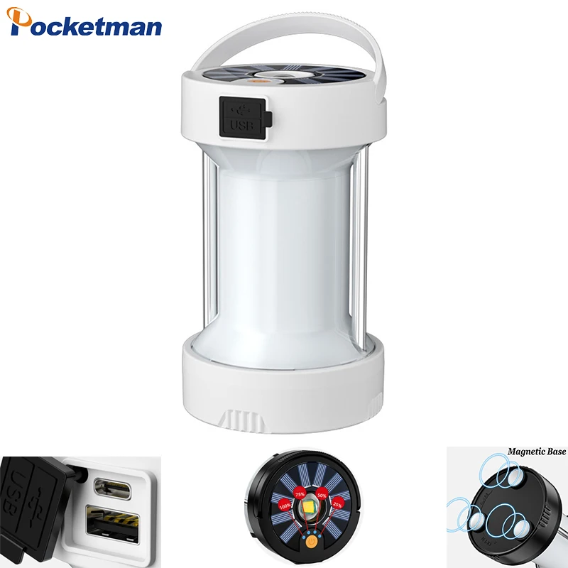 

Solar portable camping lamp with four-speed electric display output bottom magnet LED with USB cable black