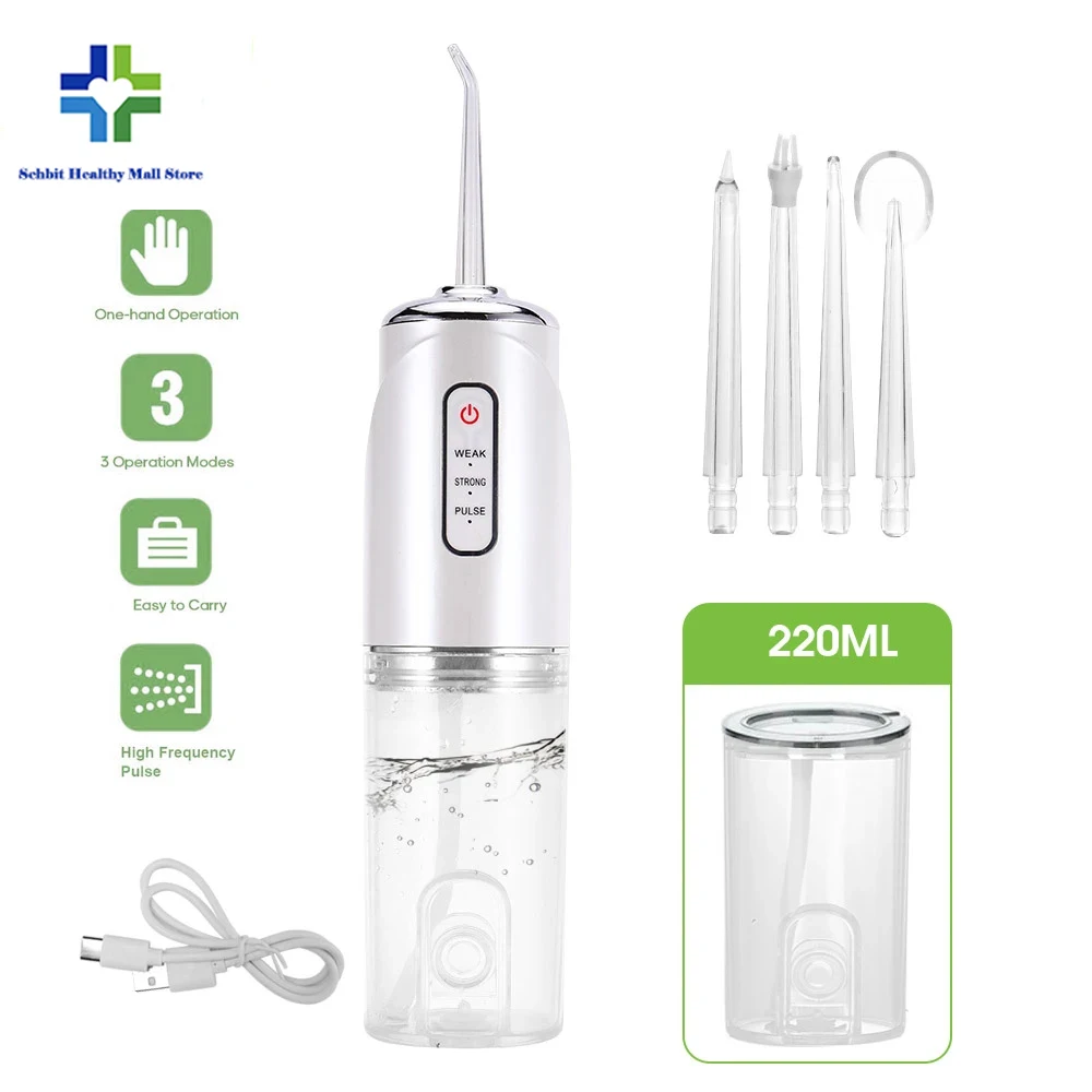 

USB Rechargeable Oral Irrigator Portable Dental Water Flosser Water Jet Floss Tooth Pick 4 Jet Tip 220ml 3 Modes IPX7 1400rpm