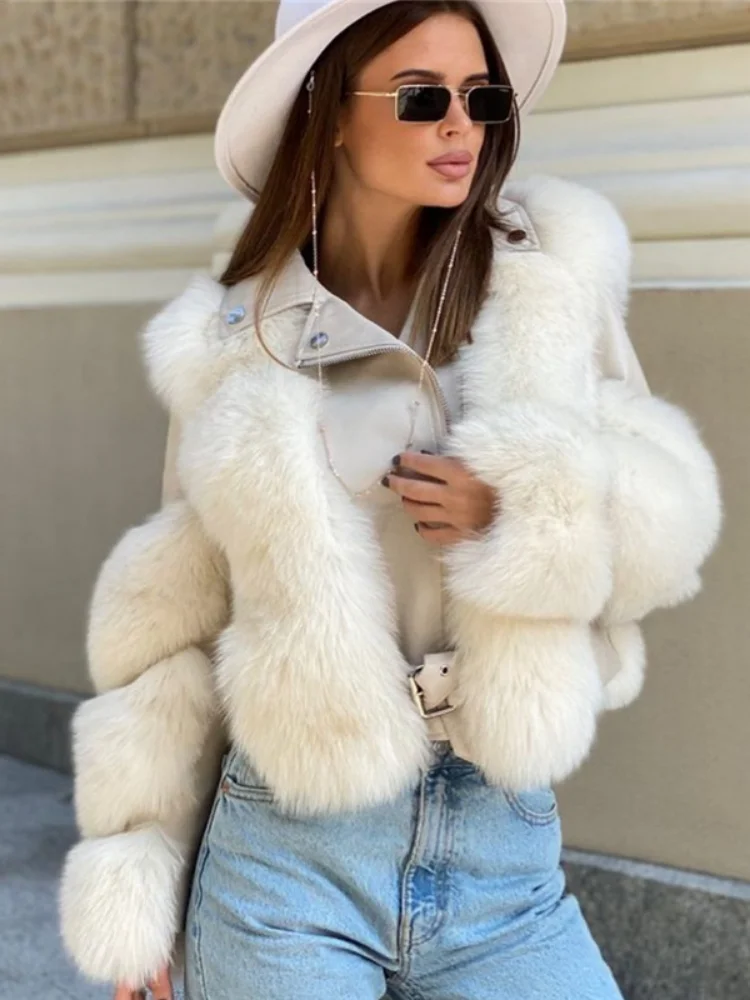 Faux Fox Fur Coats High Street Women 2022 Winter Fashion Luxury Overcoat Ladies Thick Warm Zip-up Fur Tops Coat White Jackets