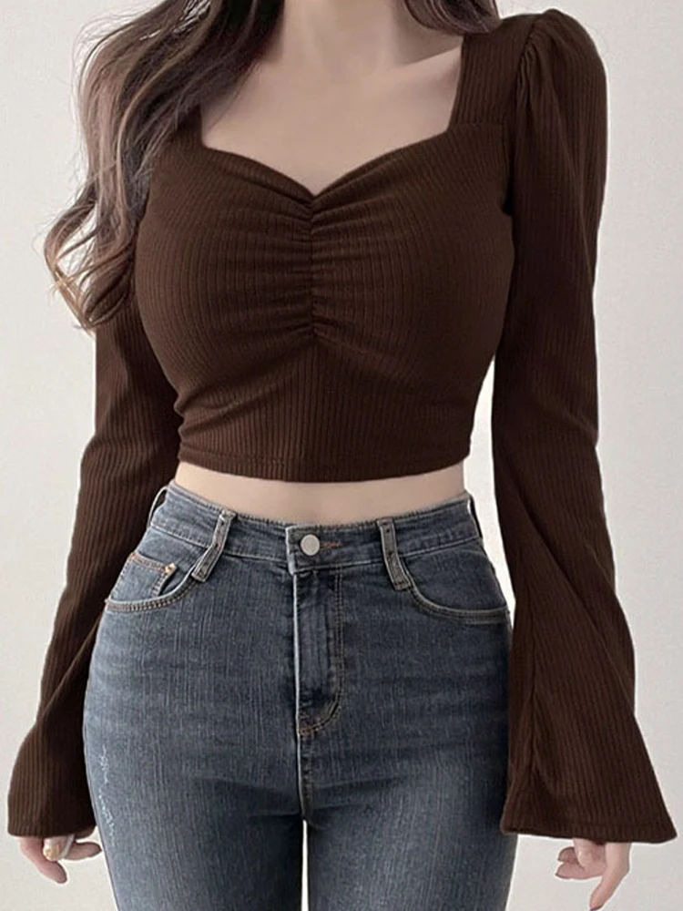 

Color Tees All-match Top Pleated Spring Flare Collar Solid Camisetas Summer T-shirt Women Sleeve Square Fashion Tops Crop Korean